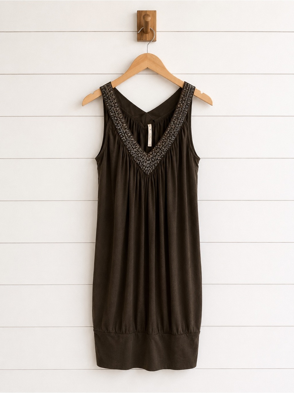 Papaya Dark Green Mini Dress with Beaded V-Neck